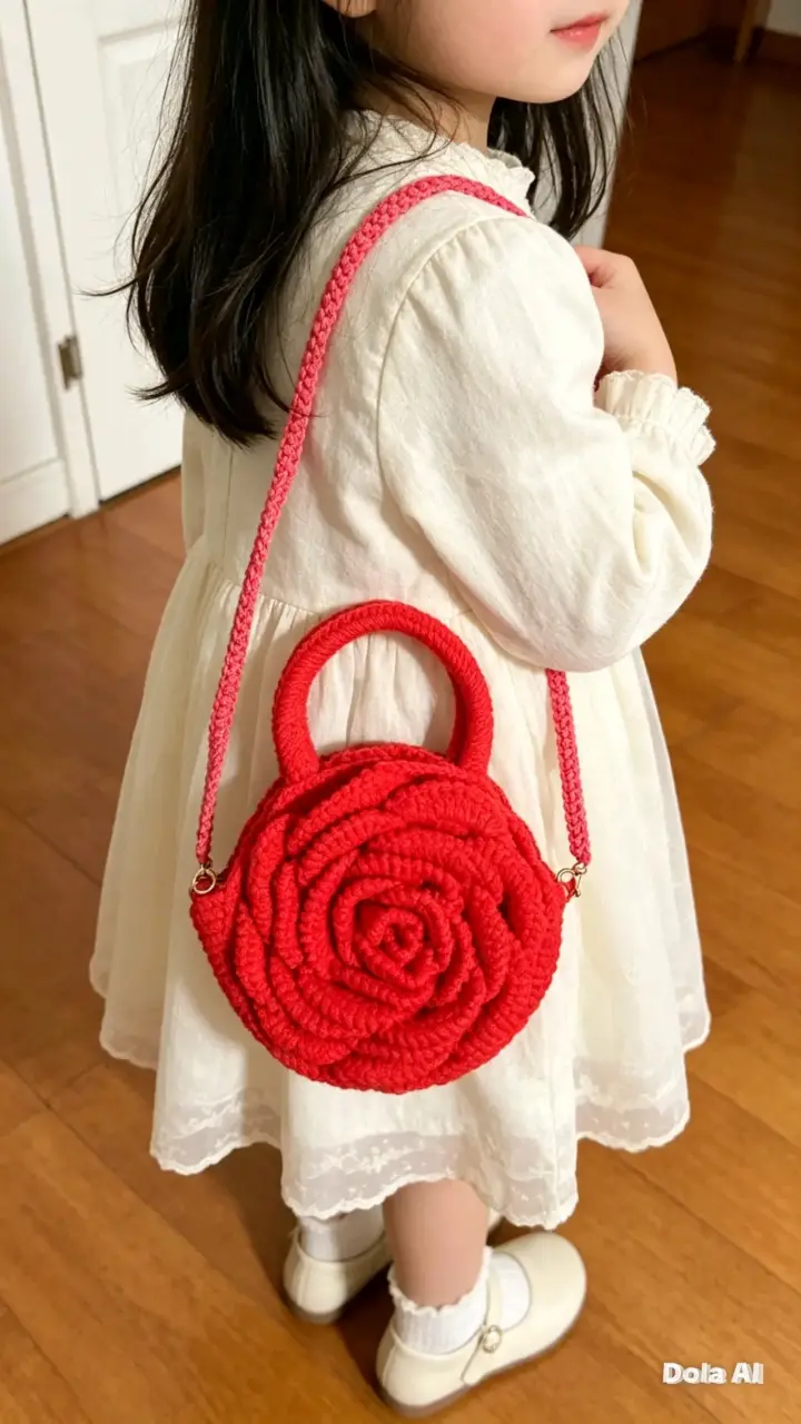 Bolso tejido rojo con diseño de rosa - 3