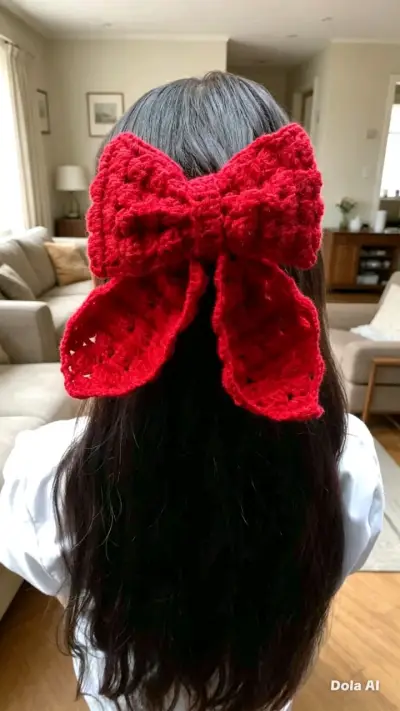 Lazos de crochet para el cabello en rojo y beige - miniatura 2