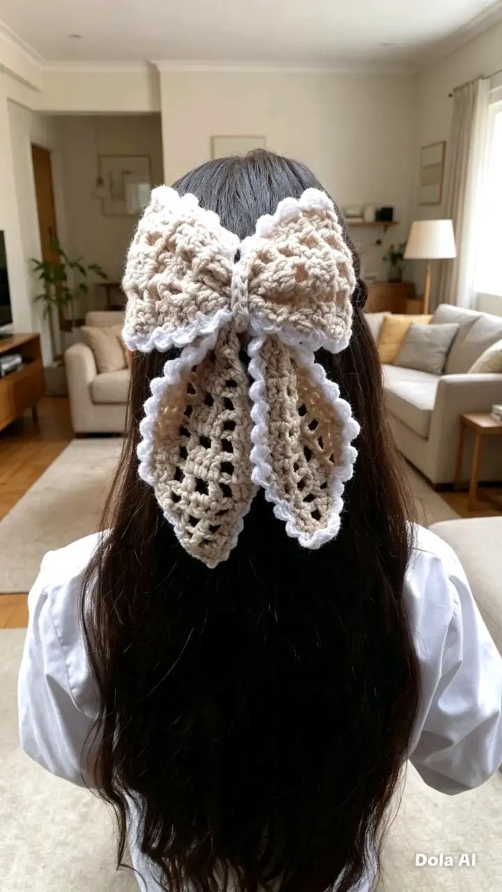 Lazos de crochet para el cabello en rojo y beige - 4