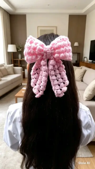 Lazos de crochet para el cabello en rojo y beige - miniatura 6