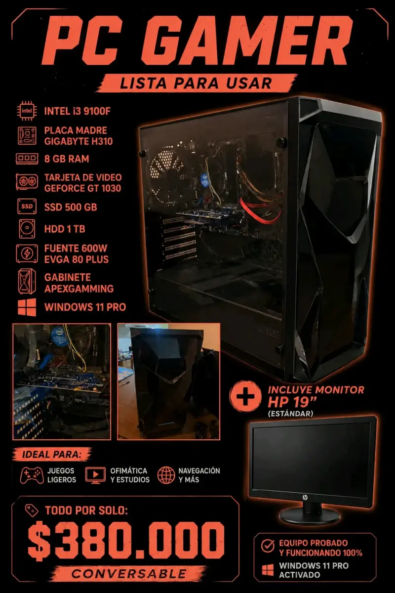 PC Gamer Intel i3 9100F con Monitor HP 19"