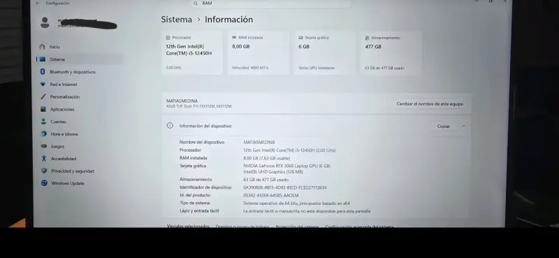 Laptop ASUS TUF Dash F15 con Intel Core i5 - 6
