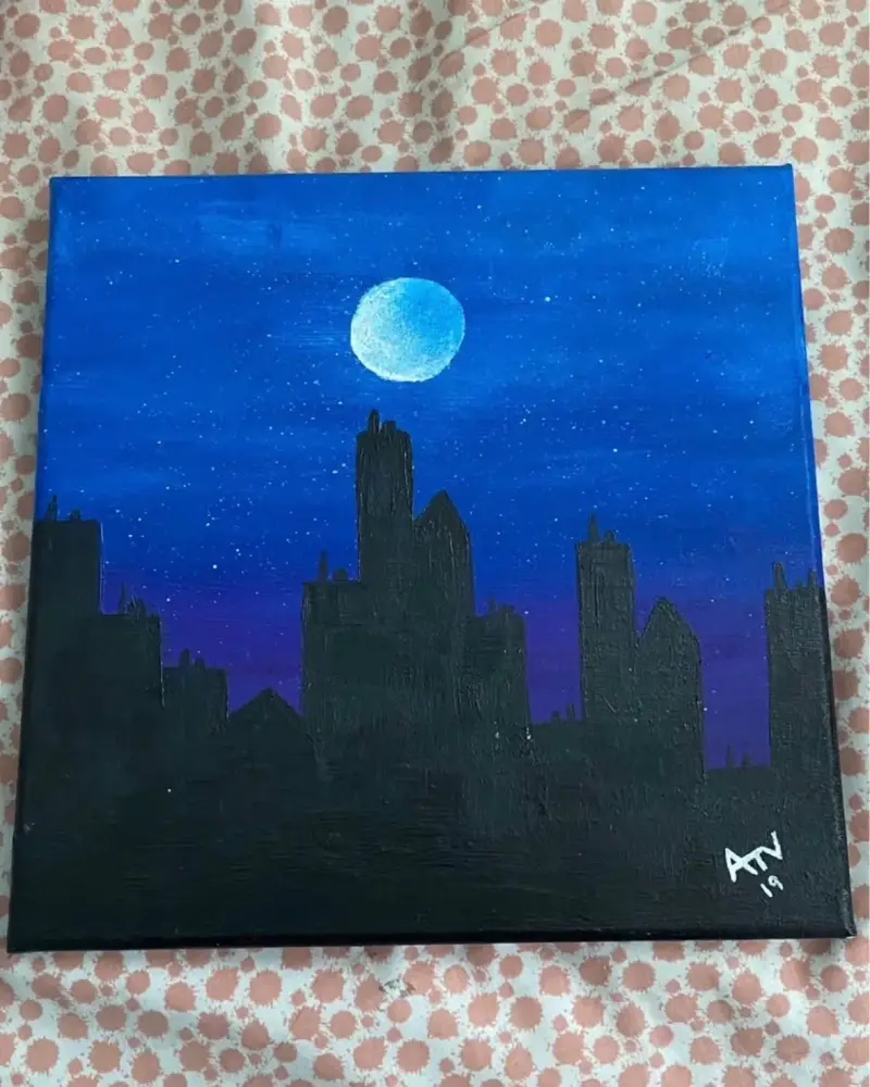 Cuadro Pintado a Mano de Ciudad Nocturna