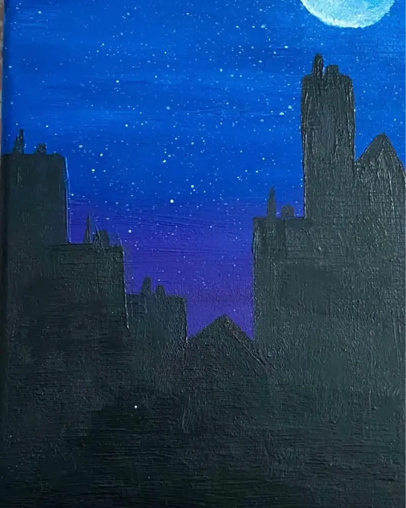 Cuadro Pintado a Mano de Ciudad Nocturna - 4