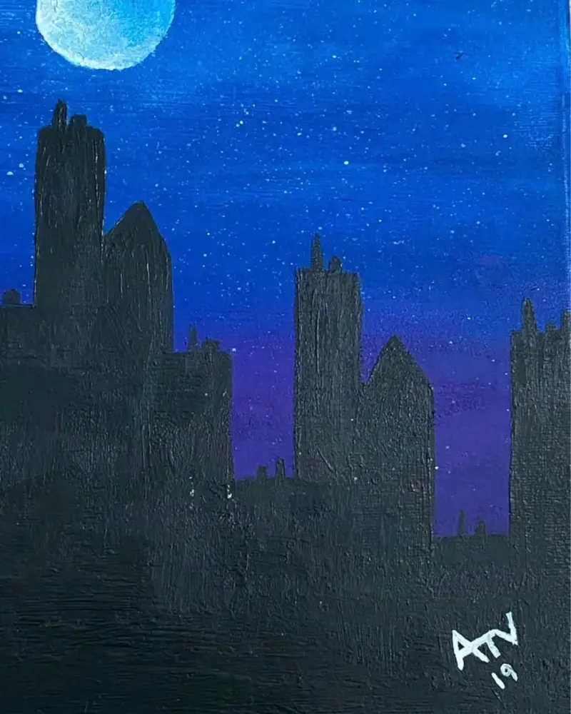 Cuadro Pintado a Mano de Ciudad Nocturna - 5
