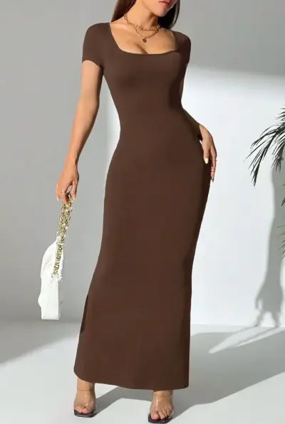 Vestido largo ajustado marrón para mujer - miniatura 3
