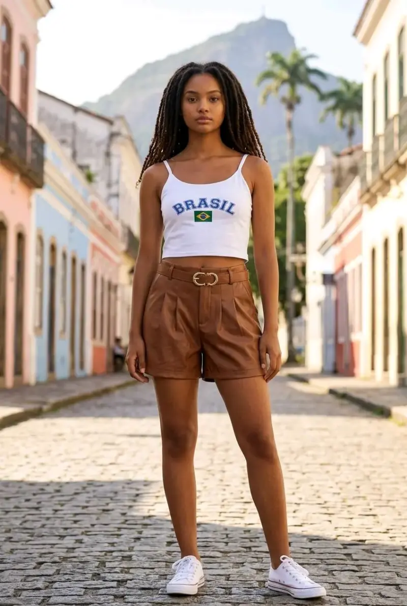 Shorts de cuero marrón con cinturón - 1
