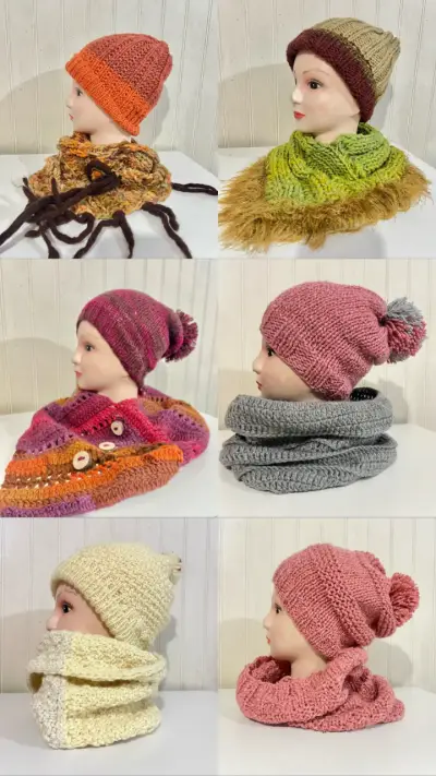 Set de gorros y bufandas tejidos a mano en varios colores - miniatura 1