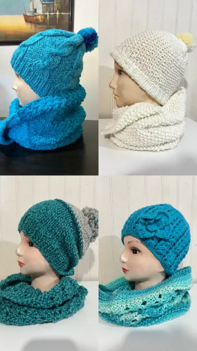 Set de gorros y bufandas tejidos a mano en varios colores - miniatura 2