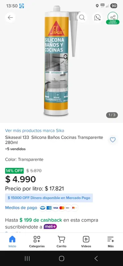 Silicona SikaSeal 133 Transparente 280ml - miniatura 1