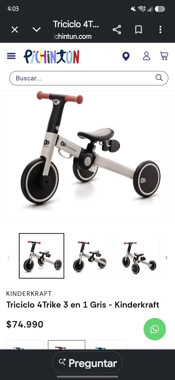 Triciclo 4Trike 3 en 1 Gris Kindekraft - 1