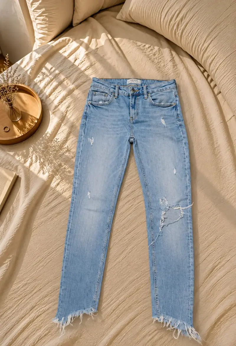 Jeans de mezclilla azul claro con detalles desgastados - 1
