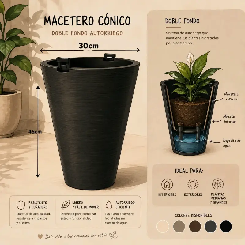 Macetero Cónico Autorriego Negro 45cm