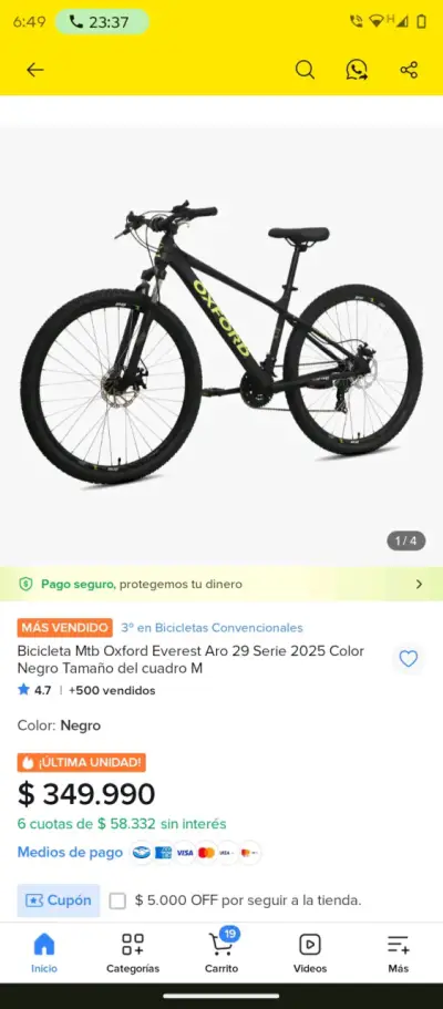 Bicicleta MTB Oxford Everest Aro 29 Negra - miniatura 1