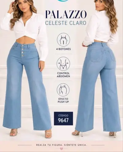 Pantalones Palazzo Celeste Claro con Control de Abdomen - miniatura 1