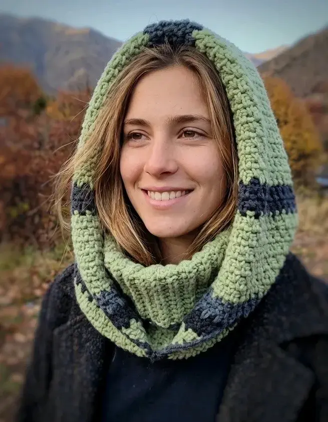 Cuello capucha tejido a mano, verde y gris - 1