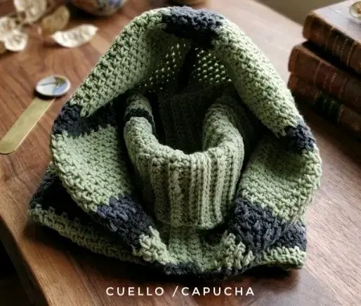 Cuello capucha tejido a mano, verde y gris - 3
