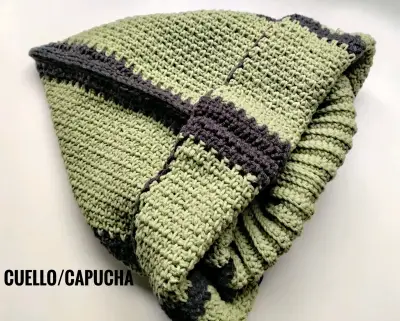 Cuello capucha tejido a mano, verde y gris - miniatura 4