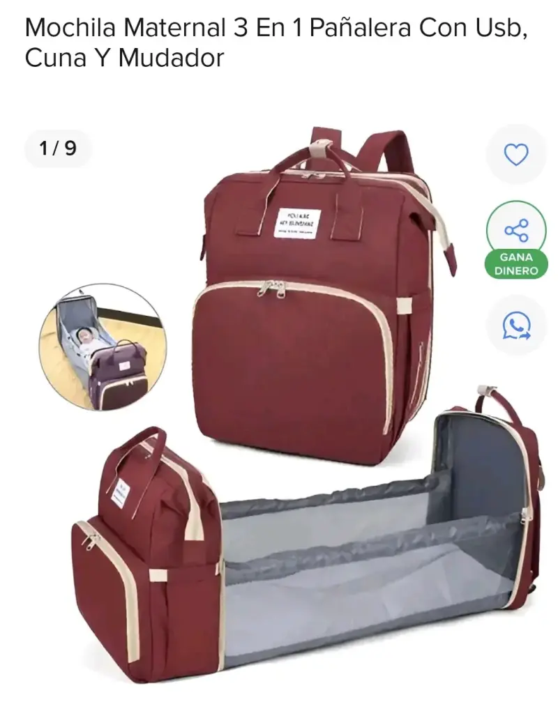 Mochila maternal 3 en 1 con cuna y USB