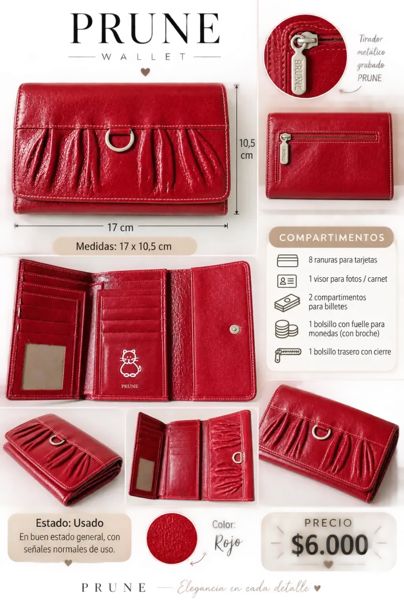 Billetera de cuero roja Prune con múltiples compartimentos - 1