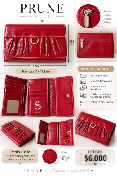 Billetera de cuero roja Prune con múltiples compartimentos - miniatura 1