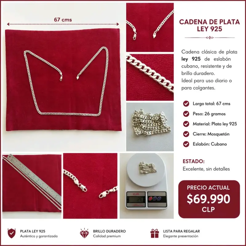 Cadena de plata ley 925 eslabón cubano 67 cm - 1