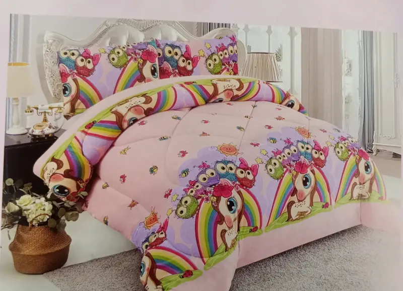 Ropa de cama infantil con diseño de búhos y arcoíris