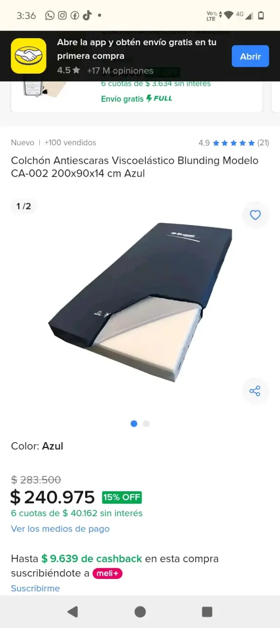 Colchón Antiescaras Viscoelástico Blunding Azul