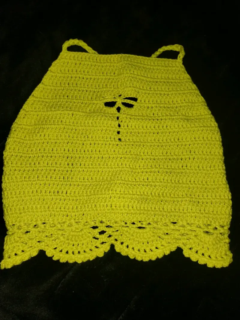 Top tejido a crochet amarillo con diseño de libélula