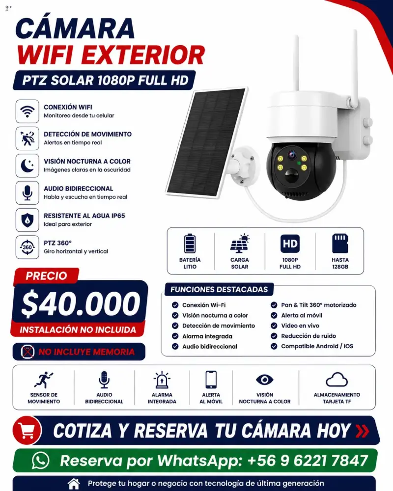 Cámara de Seguridad WiFi Exterior Solar 1080P - 1
