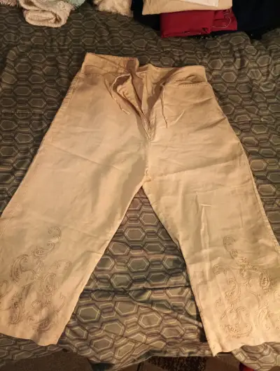Pantalones de lino beige con bordado - miniatura 1