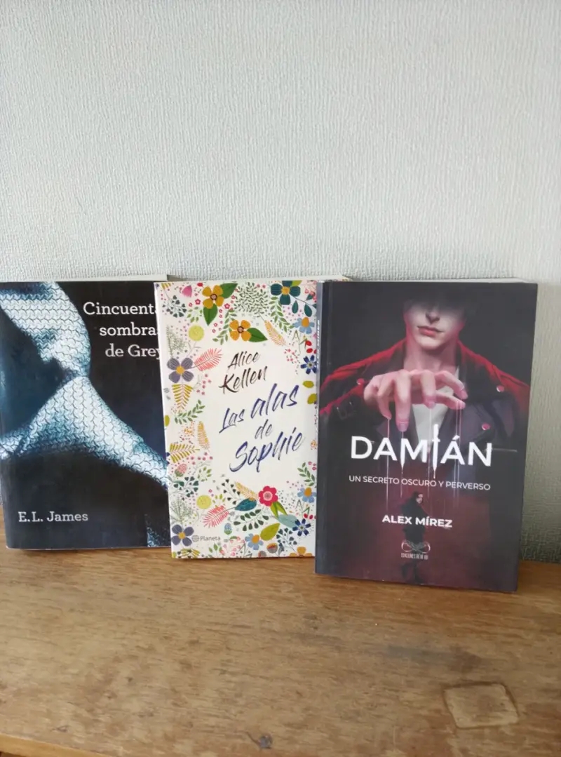 Lote de 3 libros: Cincuenta sombras, Las alas de Sophie, Damián
