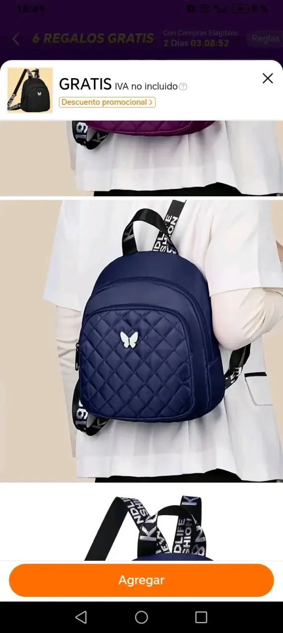 Mochila azul con diseño acolchado y mariposa - 1