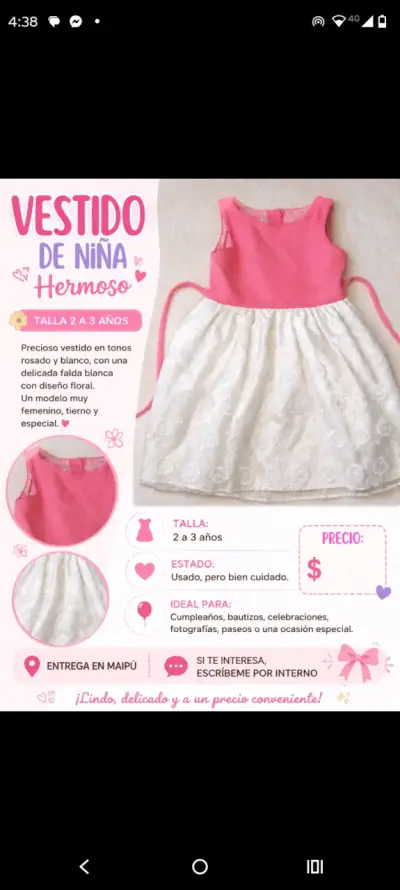Vestido de niña rosado y blanco, talla 2-3 años - miniatura 1