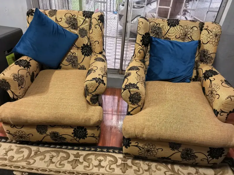 Sofá y sillones estampados con cojines azules - 2