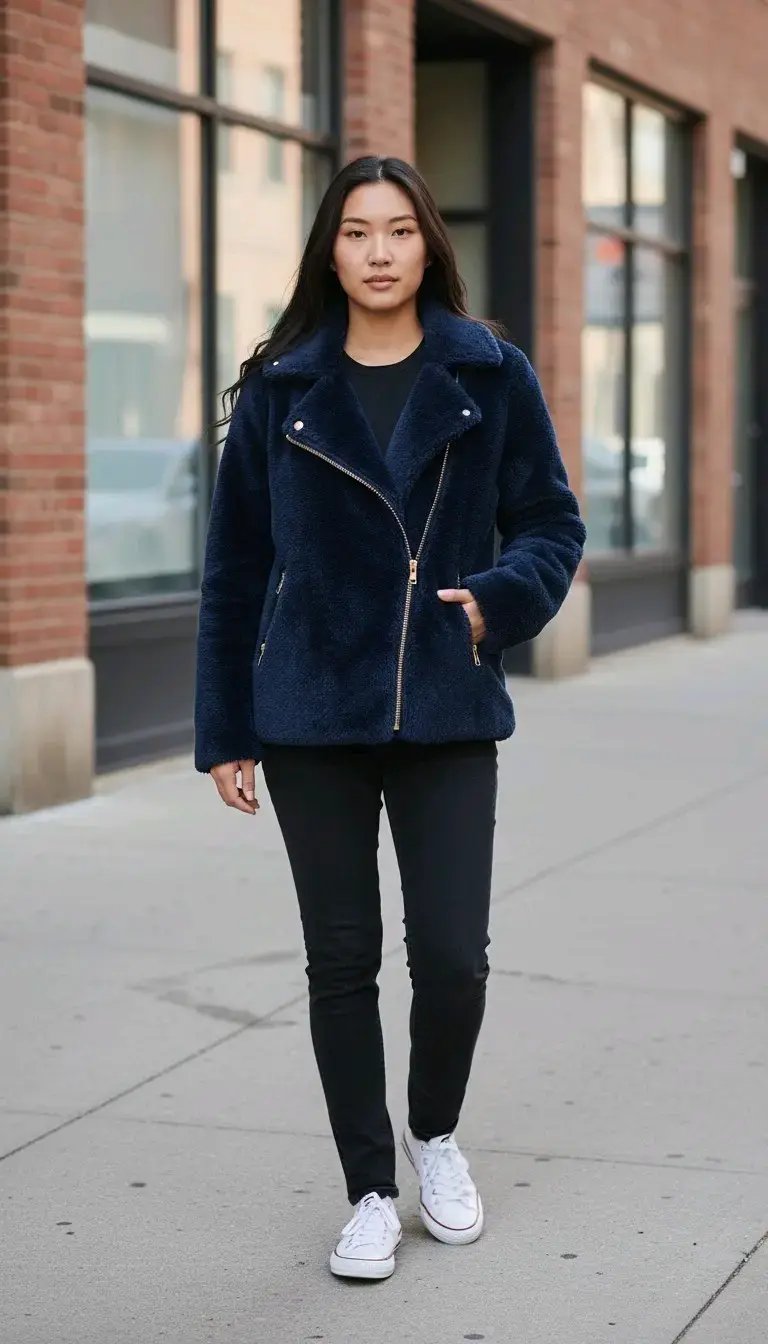 Chaqueta de piel sintética azul marino para mujer - 2