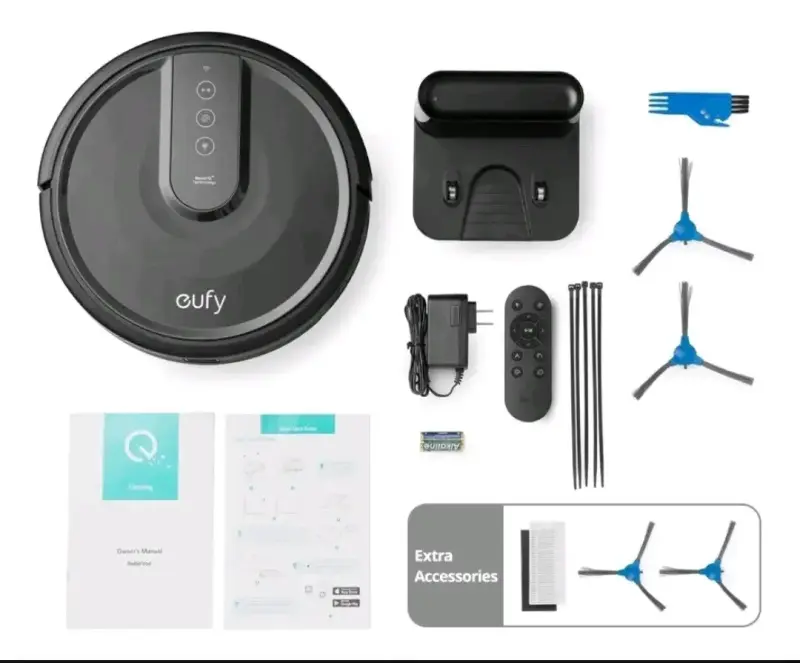Robot aspirador Eufy con control remoto y accesorios