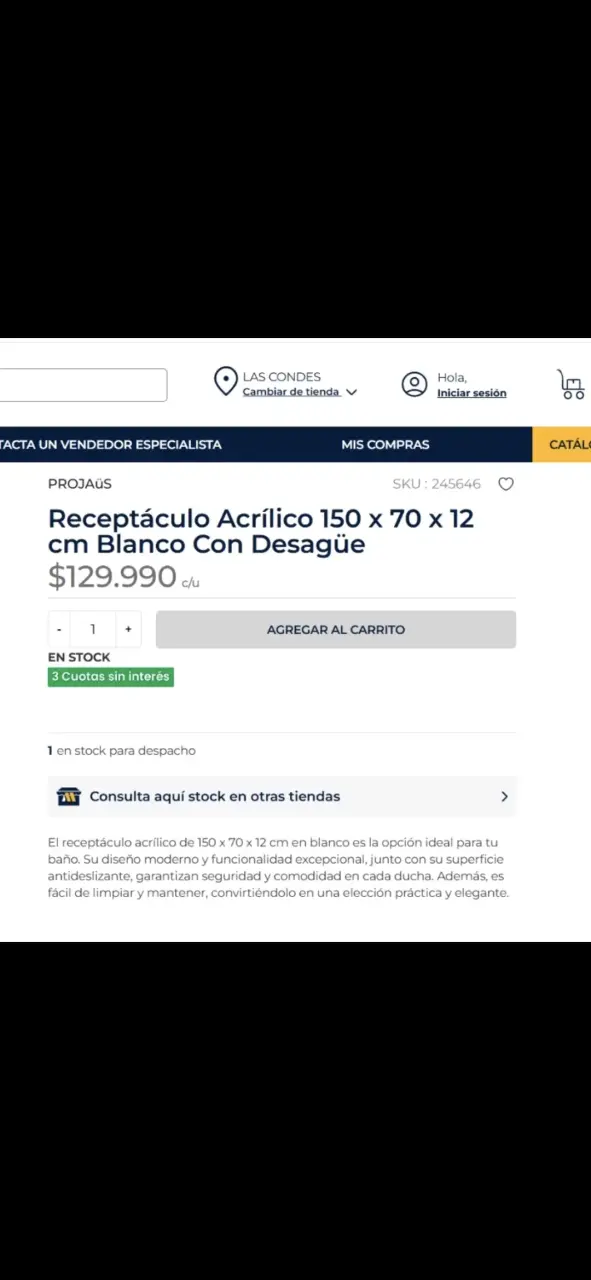 Receptáculo acrílico blanco con desagüe 150x70x12 cm - 2