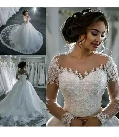 Vestido de novia con encaje y tul blanco - miniatura 1