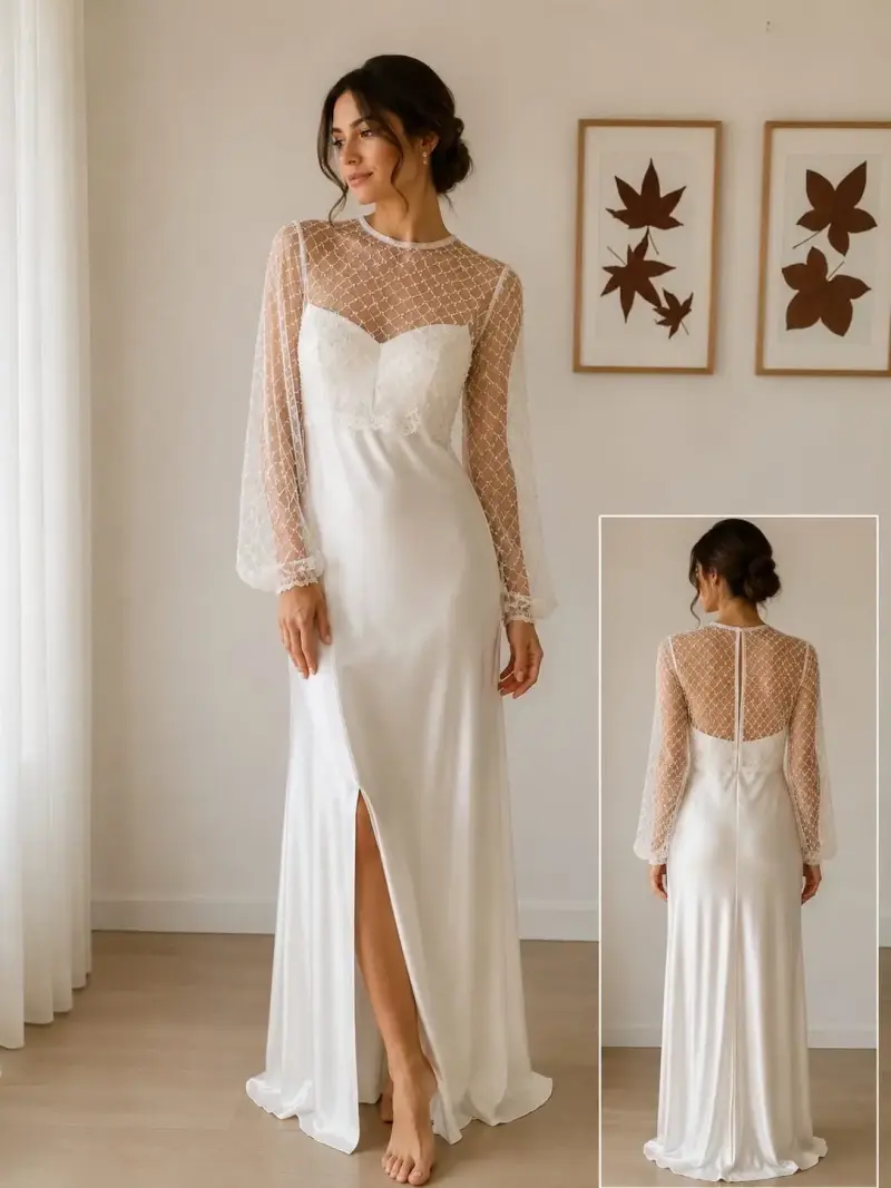 Vestido de novia elegante con encaje y manga larga - 1