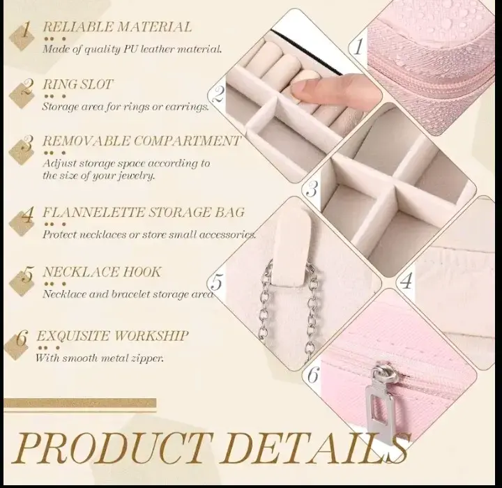 Estuche organizador de joyas portátil rosa - 6