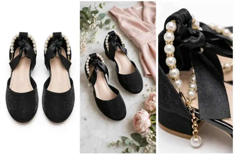 Zapatos planos negros con perlas y lazo - 1
