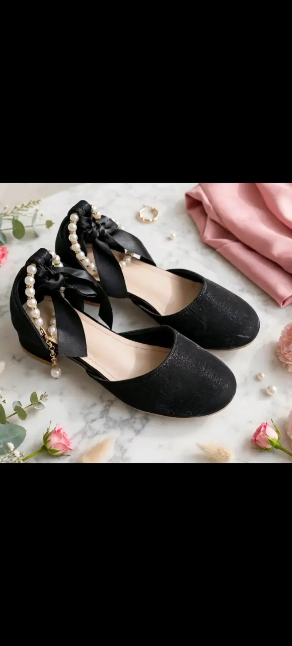 Zapatos planos negros con perlas y lazo - 3