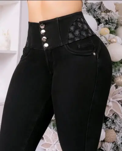 Pantalones de cintura alta negros con 4 botones - miniatura 1
