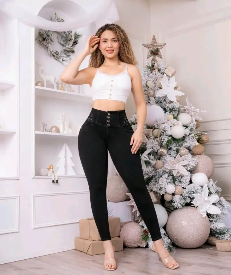 Pantalones de cintura alta negros con 4 botones - 2