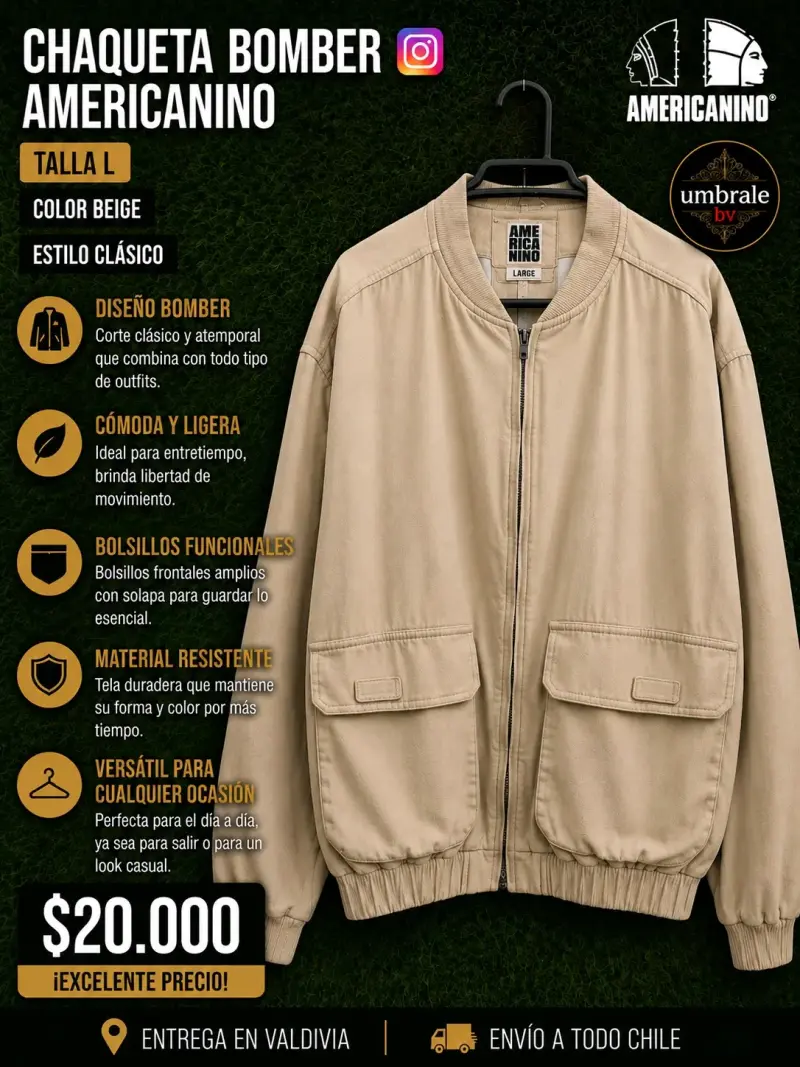 Chaqueta Bomber Beige Americano Talla L - 1