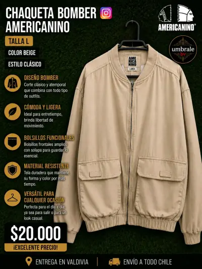 Chaqueta Bomber Beige Americano Talla L - miniatura 1