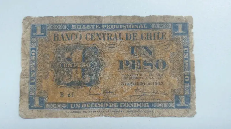 Billete Provisional Peso 1 chileno 1943 original - 3