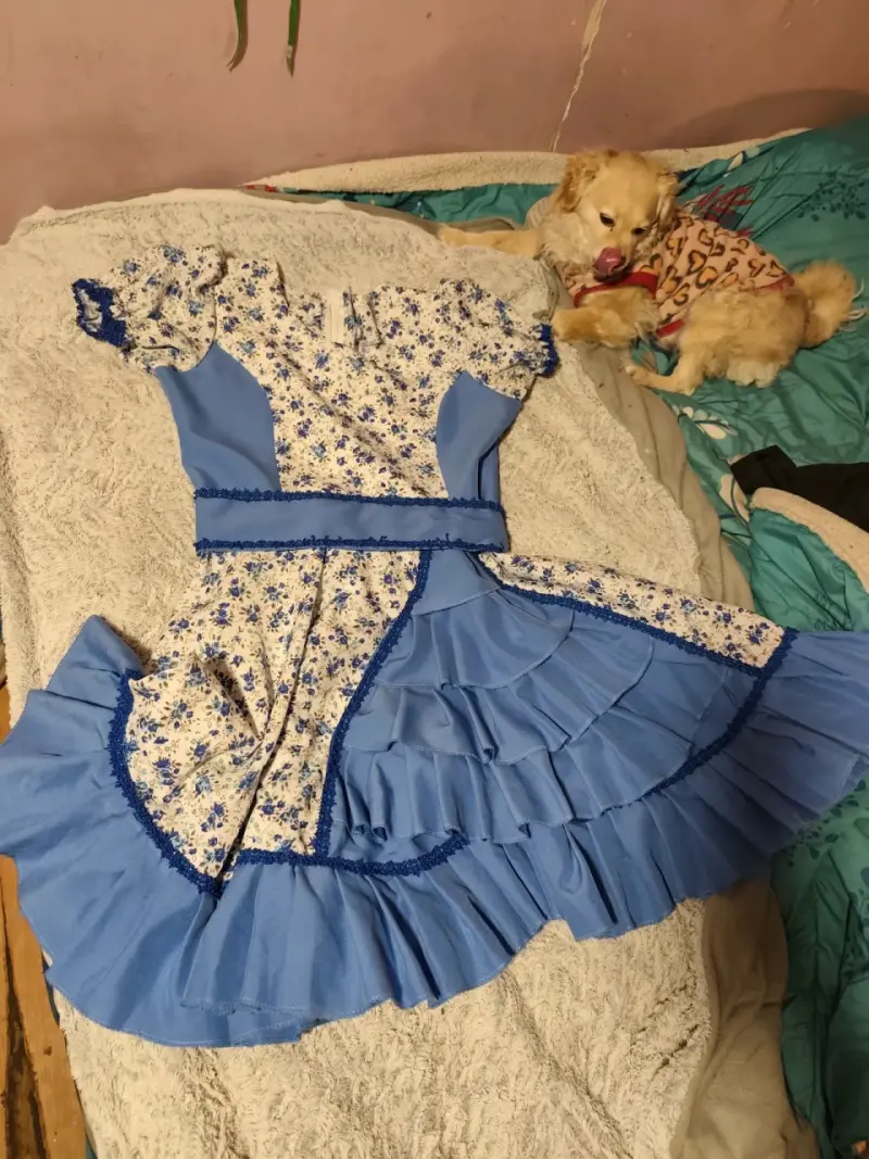Vestido folclórico azul con estampado floral - 1