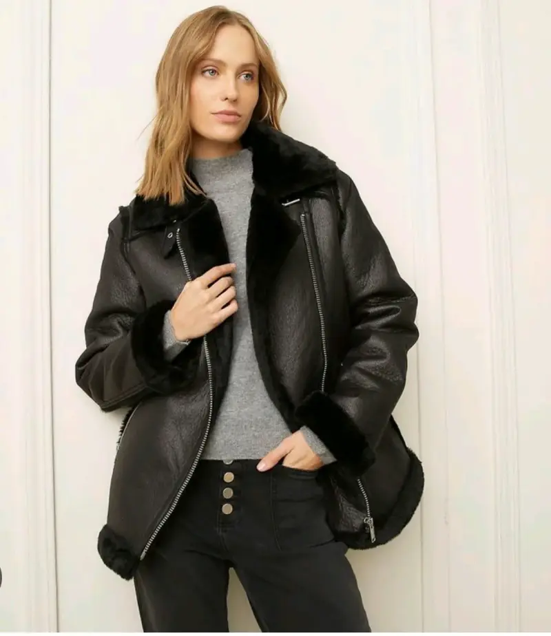 Chaqueta de cuero negra con forro de piel sintética - 1